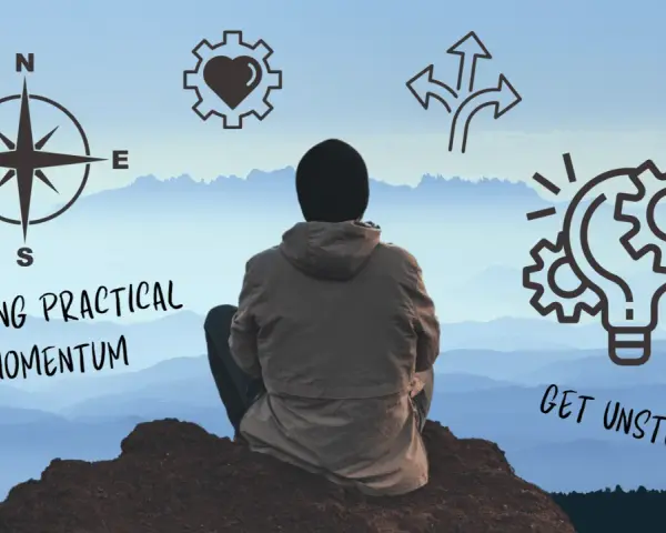 A person sits on a mountaintop, contemplating how to get unstuck. Icons represent direction, heart, choices, and ideas.