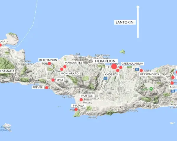 Kreta leży nad Morzem Śródziemnym. Mapa pokazuje główne miasta i atrakcje wyspy, od Chanii po Sitia.
