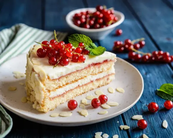 Pyszny tort z kremem i porzeczkami, idealny do przepisów na najmodniejsze ciasta.