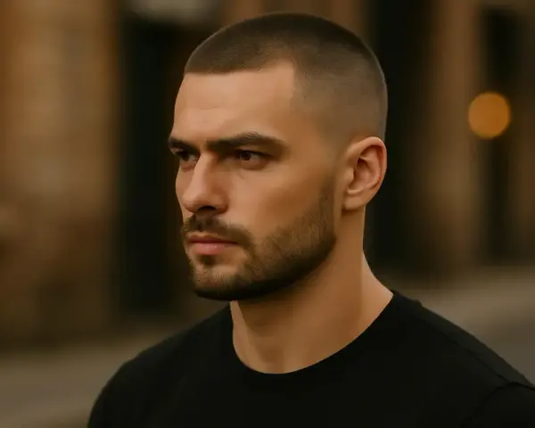 Hombre con un corte de pelo buzz cut y barba cuidada, mirando a lo lejos con expresión seria.