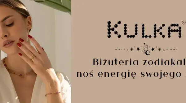 Kobieta z biżuterią, logo KULKA i znaki zodiaku. Poczuj energię swojego znaku, jak noc kairu znak zodiaku.