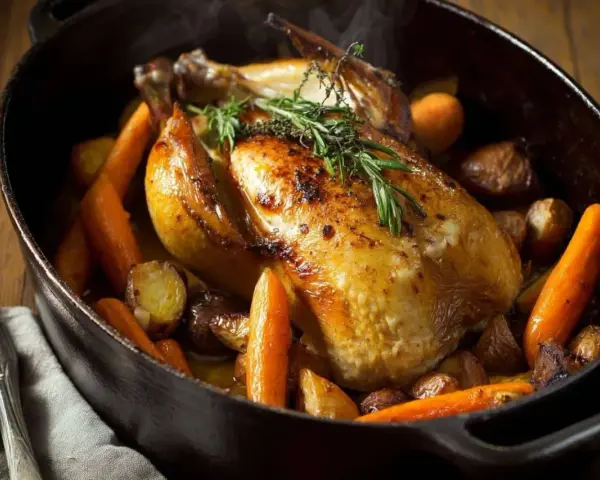 Une pintade en cocotte dorée, garnie de carottes et de pommes de terre rôties, avec des herbes fraîches. Un plat savoureux et réconfortant.