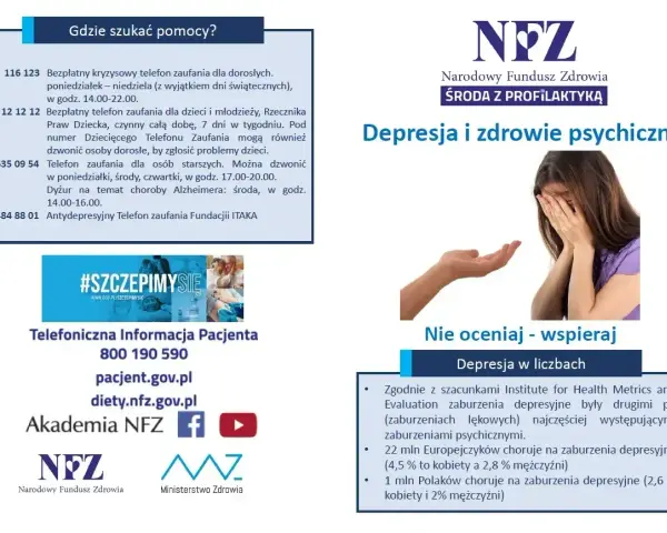 Obraz przedstawia plakat informacyjny o zdrowiu psychicznym. Widać na nim hasła "Depresja i zdrowie psychiczne", "Nie oceniaj - wspieraj" oraz dane kontaktowe do telefonów zaufania, w tym antydepresyjnego. W tle znajduje się zdjęcie osoby ukrywającej t...