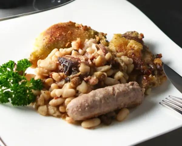 Un plato de el cassoulet con pollo crujiente, salchicha y perejil fresco.