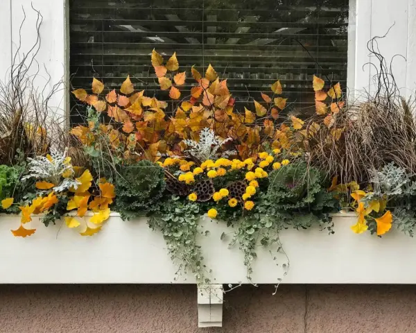 Herbstliche Bepflanzung in einem 80 cm Blumenkasten: gelbe Chrysanthemen, Gräser, Zierkohl und Herbstlaub.