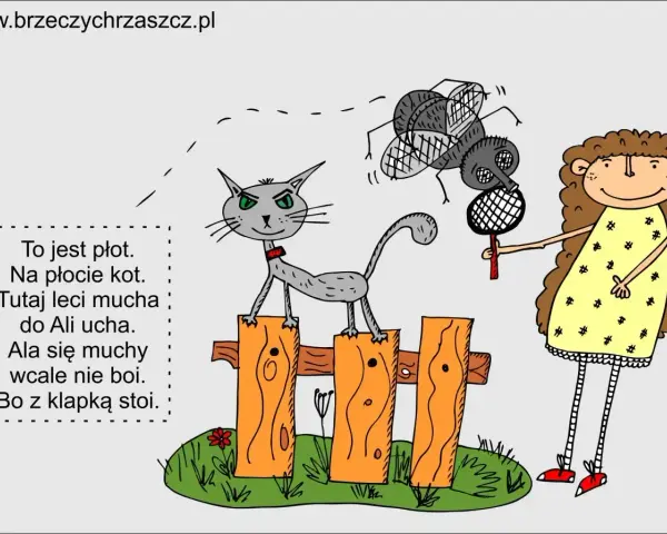 Kot na płocie, mucha leci do ucha Ali. Ala z klapką nie boi się muchy. Krótkie wiersze do recytacji dla dzieci.