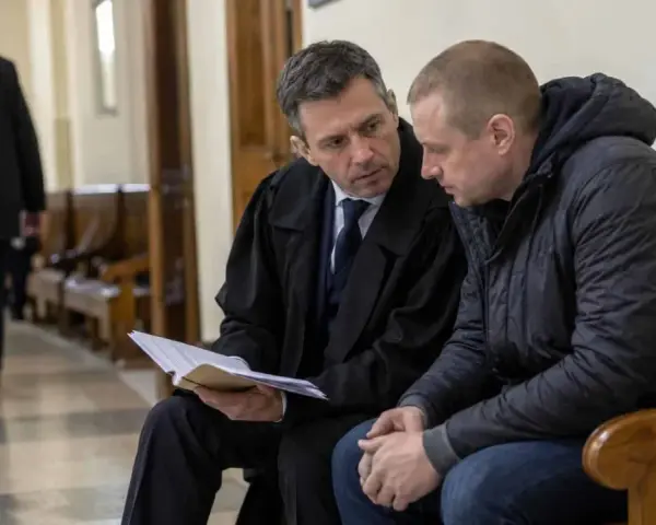 Prawnik omawia dokumenty z klientem, który zmaga się z problemem recydywy penitencjarnej.