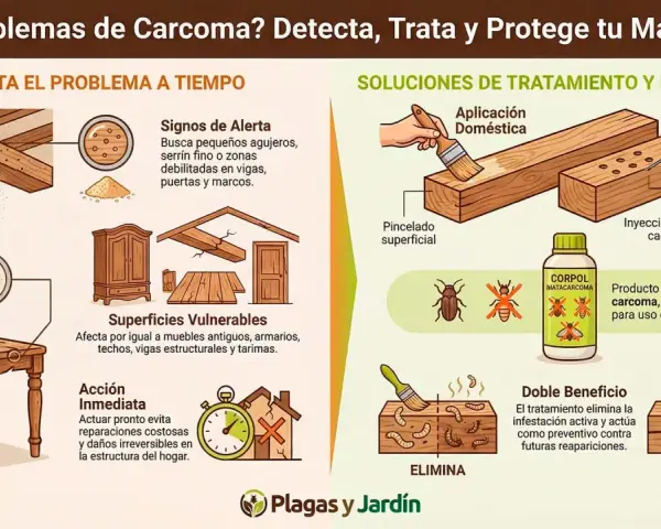 Ilustración sobre cómo detectar y aplicar tratamiento contra termitas en madera, mostrando signos de alerta, superficies vulnerables y métodos de aplicación.