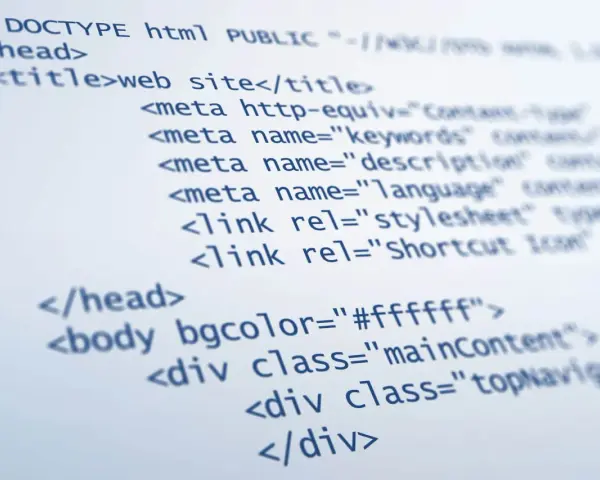Fragment kodu HTML, pokazujący podstawy tworzenia strony internetowej: doctype, head z tytułem i meta tagami, oraz body z atrybutami i divami.