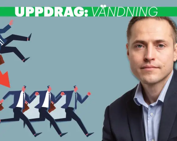 En man i kostym ser bekymrad ut. Nedanför honom springer flera män med portföljer mot en röd pil som pekar nedåt. Kanske han känner separationsångest inför att byta jobb.