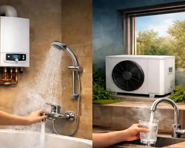 Un calentador de agua y una unidad exterior de aire acondicionado. El agua caliente fluye en una bañera y un vaso se llena en una cocina.