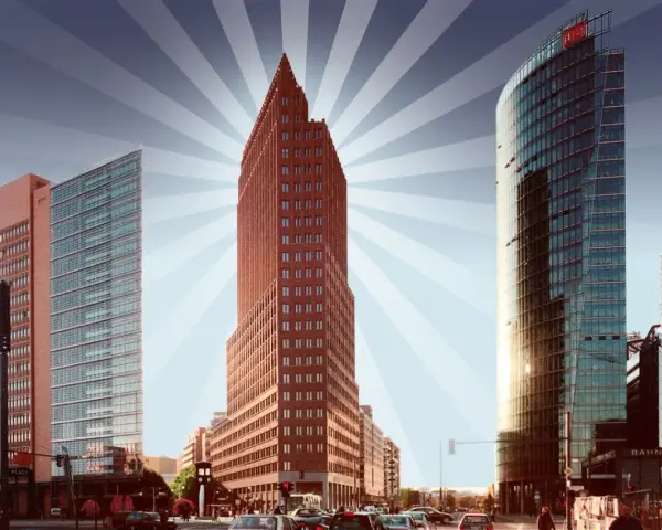 Moderne Hochhäuser am Potsdamer Platz, Berlin. Ein roter Backsteinturm und ein gläserner Turm ragen in den Himmel. Ein toller Panoramapunkt Berlin.