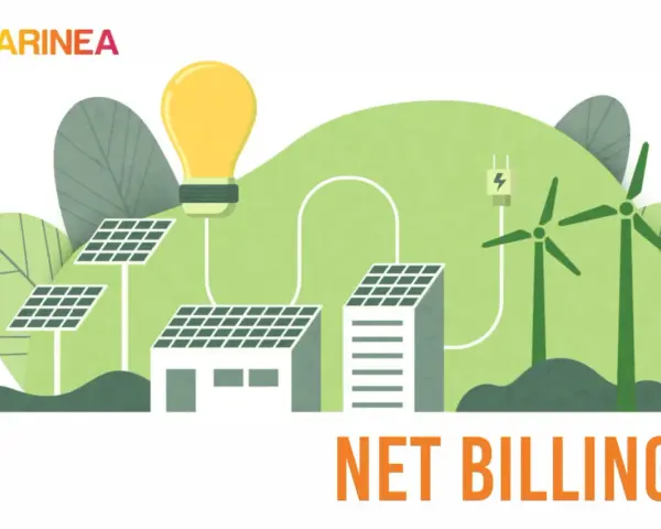 Grafika pokazuje panele słoneczne, turbiny wiatrowe i żarówkę, symbolizujące odnawialne źródła energii. Podpis "NET BILLING" sugeruje analizę opłacalności tego systemu.