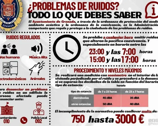 Infografía sobre problemas de ruidos en Granada. Detalla los decibelios permitidos según la hora y estancia, y las multas por incumplimiento.