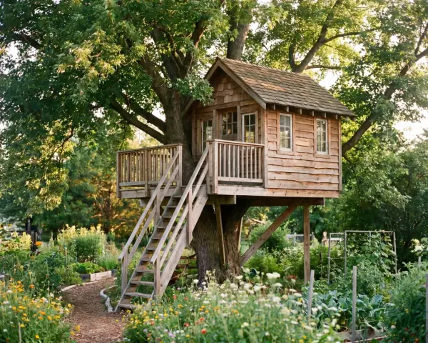 Ein wunderschönes Baumhaus, das zum baumhaus selber bauen inspiriert. Umgeben von einem blühenden Garten und alten Bäumen.