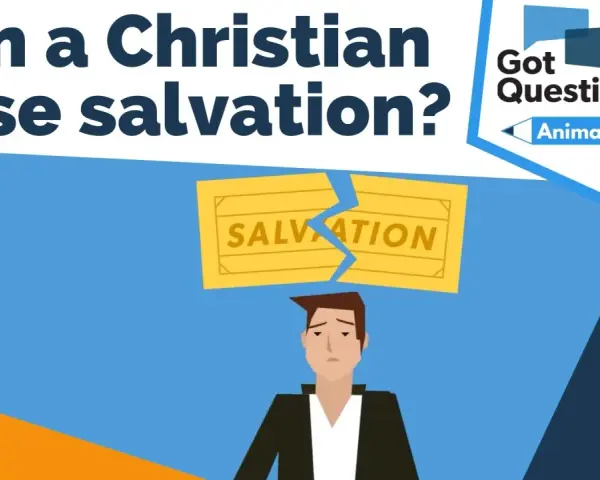 A sad man looks up at a broken "Salvation" sign, questioning if a Christian can lose their salvation. GotQuestions.org Animated Series.