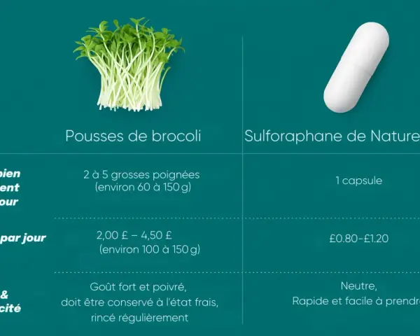Pousses de brocoli et capsule de sulforaphane. Découvrez les graines germées brocoli bienfaits, coût et praticité comparés.
