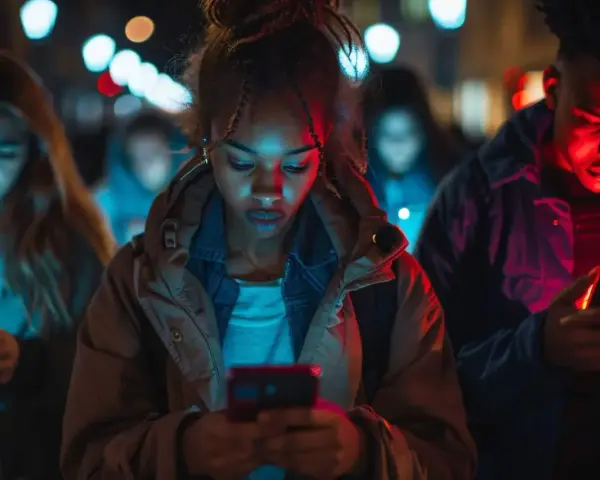 Młodzi ludzie pogrążeni w ekranach telefonów, zmagający się z nomofobią w nocnym mieście.