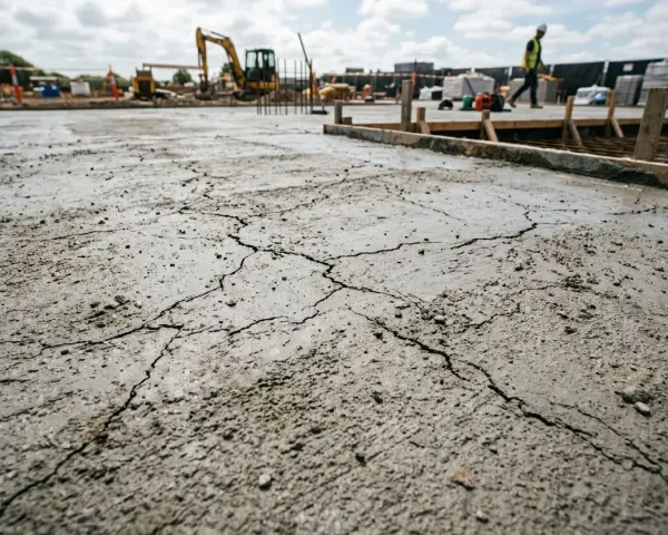 Une fissure dans une dalle de béton fraîchement coulée sur un chantier. Des engins de chantier sont visibles en arrière-plan.