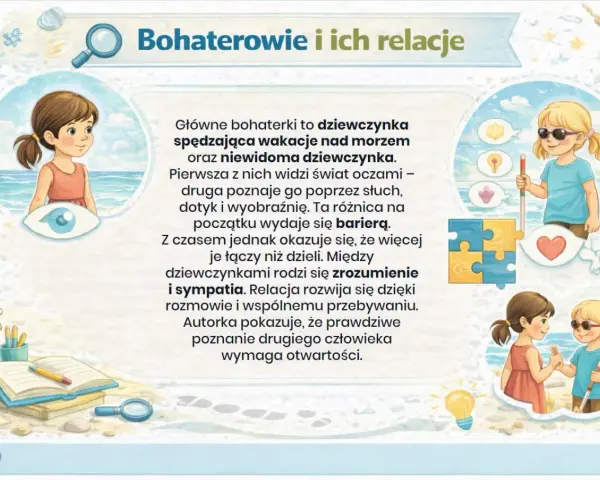 Dwie bohaterki, dziewczynki spędzające wakacje, uczą się rozumieć i akceptować różnice, budując przyjaźń.