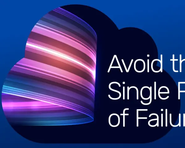 A10 logo and text "Avoid the Single Point of Failure" over a dark blue background with a swirling, abstract cloud-like shape filled with colorful, glowing stripes.