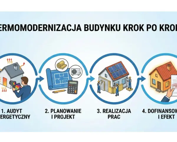 Proces termomodernizacji budynku: audyt, planowanie, realizacja prac, dofinansowanie i efekt.