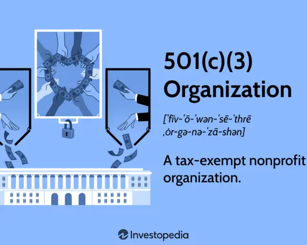 Hands form a heart with money, symbolizing a 501c3 organization's mission. A lock hangs below, suggesting accountability.