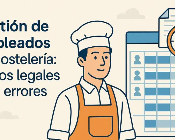 Chef sonriente junto a un horario de turnos y un reloj. Gestión de empleados en hostelería: turnos legales y sin errores.