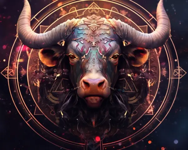 Majestatyczny byk, symbol znaku zodiaku Byk, w ozdobnej zbroi i z kosmicznym tłem.