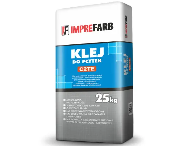 Imprefarb Klej do płytek C2TE 25kg – idealny do płytek ceramicznych, na ogrzewanie podłogowe, wewnątrz i na zewnątrz.