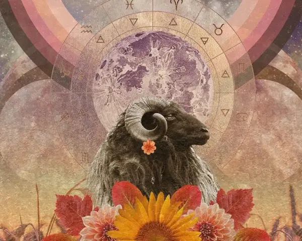 Baran z rogami, ozdobiony kwiatkiem, pod znakiem zodiaku i księżycem. Mars w Baranie symbolizuje energię i odwagę.