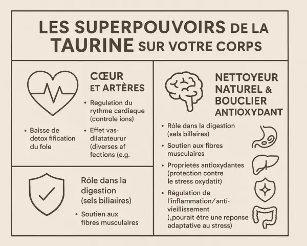 Les bienfaits de la taurine : cœur, digestion, antioxydant. Elle régule le rythme cardiaque, soutient les fibres musculaires et protège contre le stress oxydatif.