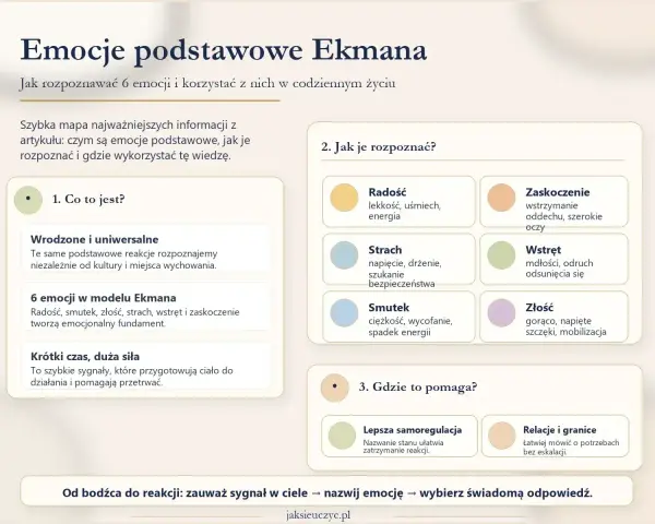 Mapa emocji Ekmana: rozpoznawanie radości, smutku, złości, strachu, wstrętu i zaskoczenia. Holistyczne podejście do zrozumienia i wykorzystania emocji.