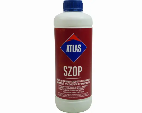 Butelka środka czyszczącego Atlas Szop. Skoncentrowany preparat do usuwania zabrudzeń cementowych i wapiennych.