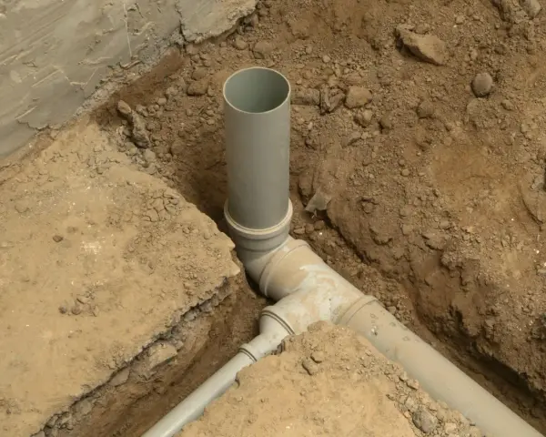 Wykop pod kanalizację z szarymi rurami PVC, częściowo zasypany ziemią.