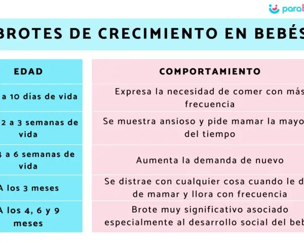 Tabla de brotes de crecimiento en bebés: edades y comportamientos asociados.