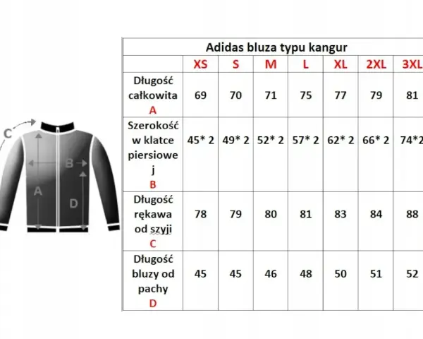 Tabela rozmiarów bluzy Adidas. XXL jaki to rozmiar? Sprawdź wymiary: długość całkowita 81 cm, szerokość w klatce 74*2 cm, długość rękawa 88 cm, długość bluzy od pachy 52 cm.