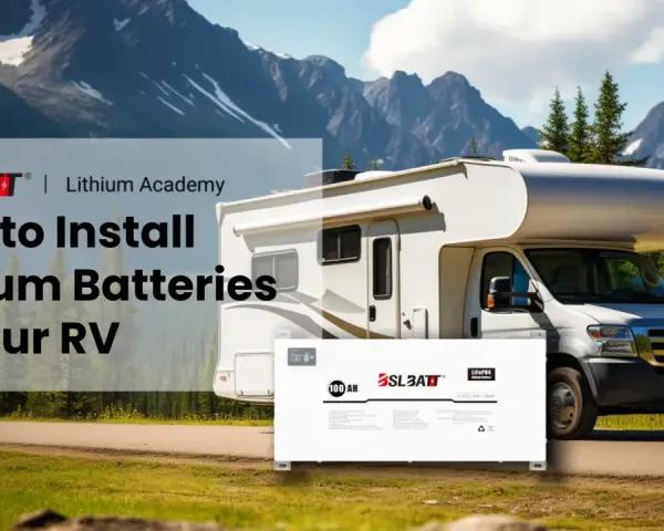 En husbil står parkerad i bergig natur. Framför husbilen syns ett bms batteri, redo för installation.