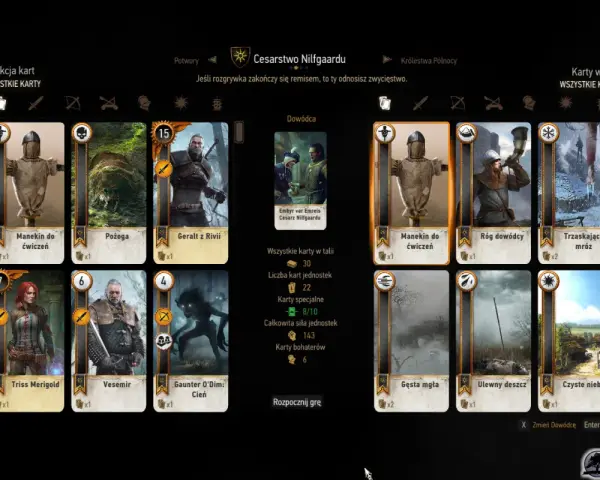 Kolekcja kart Wiedźmin 3: Pełna kolekcja kart Nilfgaardu. Widoczne karty: Geralt, Triss, Vesemir, Pożoga, Manekin do ćwiczeń, Gęsta mgła.