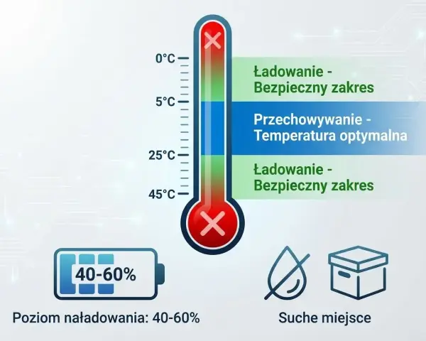 Termometr pokazuje optymalne warunki dla żywotności akumulatora: ładowanie w bezpiecznym zakresie temperatur, przechowywanie w temperaturze 5-25°C, poziom naładowania 40-60% i suche miejsce.
