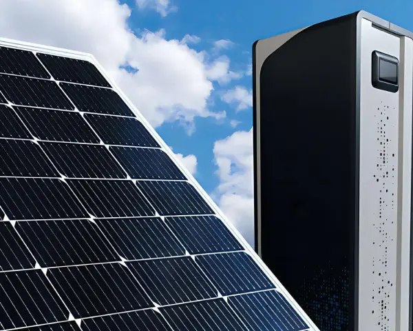 Panele słoneczne i nowoczesne jednostki do magazynowania energii elektrycznej pod błękitnym niebem.