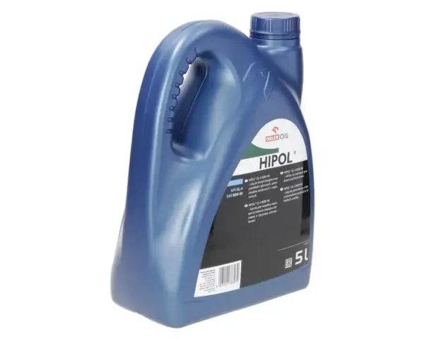 Niebieski kanister oleju Hipol 5L z etykietą API GL-4 SAE 80W-90.