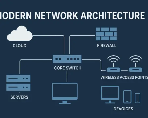 Diagram of modern network infrastructures: cloud, servers, core switch, firewall, wireless access points, and devices.