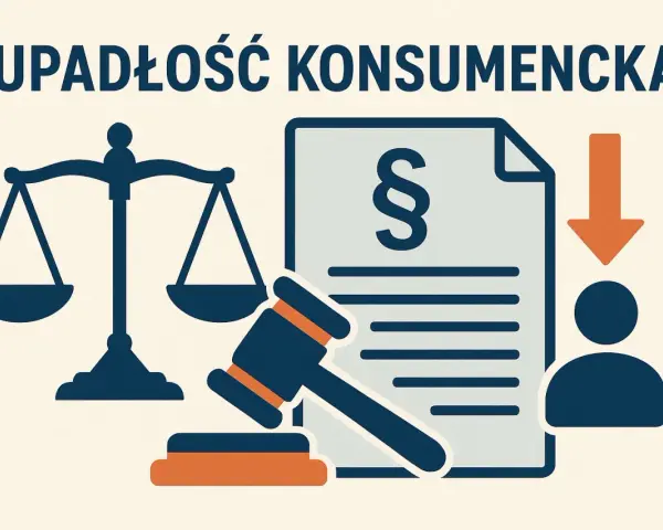 Grafika symbolizuje upadłość konsumencką. Widoczne są waga sprawiedliwości, paragraf na dokumencie, młotek sędziowski i sylwetka osoby. Wniosek o upadłość konsumencką opłata jest kluczowa.
