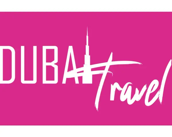 Logo z napisem "DUBAI Travel" i sylwetką Burdż Chalify. Planujesz podróż do Zjednoczonych Emiratów Arabskich? Wiza do Dubaju czeka!