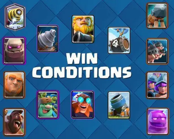 Cartas de Clash Royale, mostrando las "Win Conditions" (condiciones de victoria) para aplicar trucos y ganar.