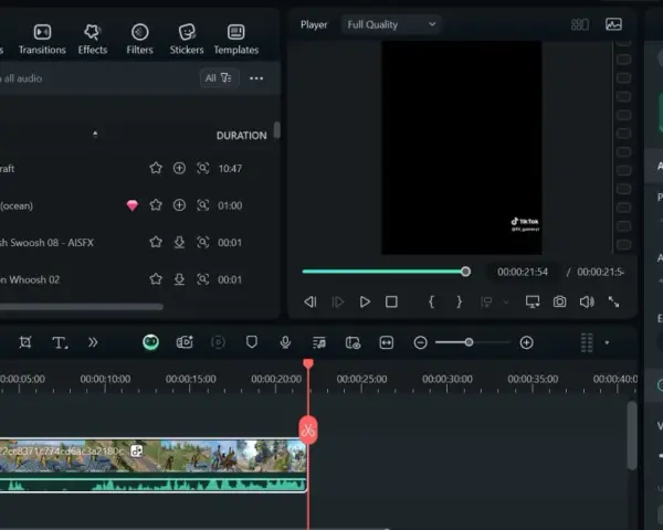 Edytor wideo z panelem audio, gdzie można dostosować modulator głosu, pitch, audio ducking i equalizer.