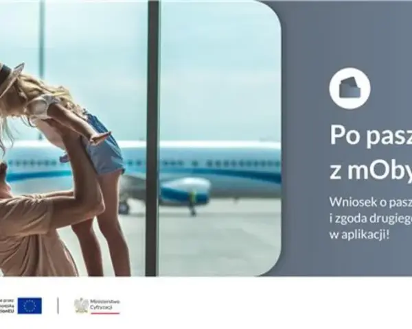 Ojciec podrzuca córkę na lotnisku. Wniosek o paszport tymczasowy dla dziecka do 12 lat załatwisz w aplikacji mObywatel.