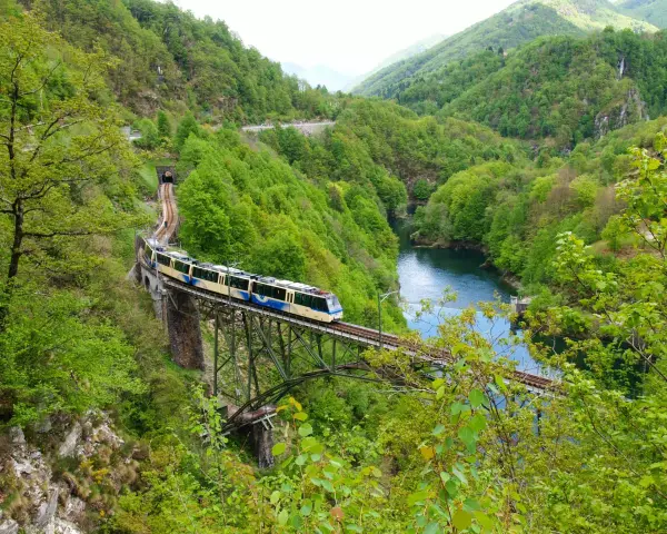 A train travels across a bridge over a river, surrounded by lush green mountains. This scenic route is part of the journey from Amsterdam to Zurich.