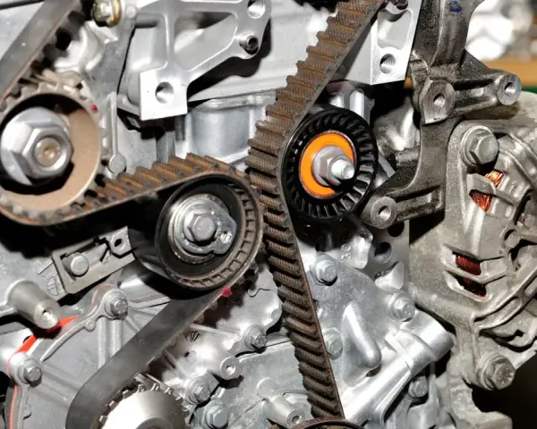 Widok z bliska na mechanizm rozrządu w samochodzie, z widocznymi paskami, kołami zębatymi i napinaczami.